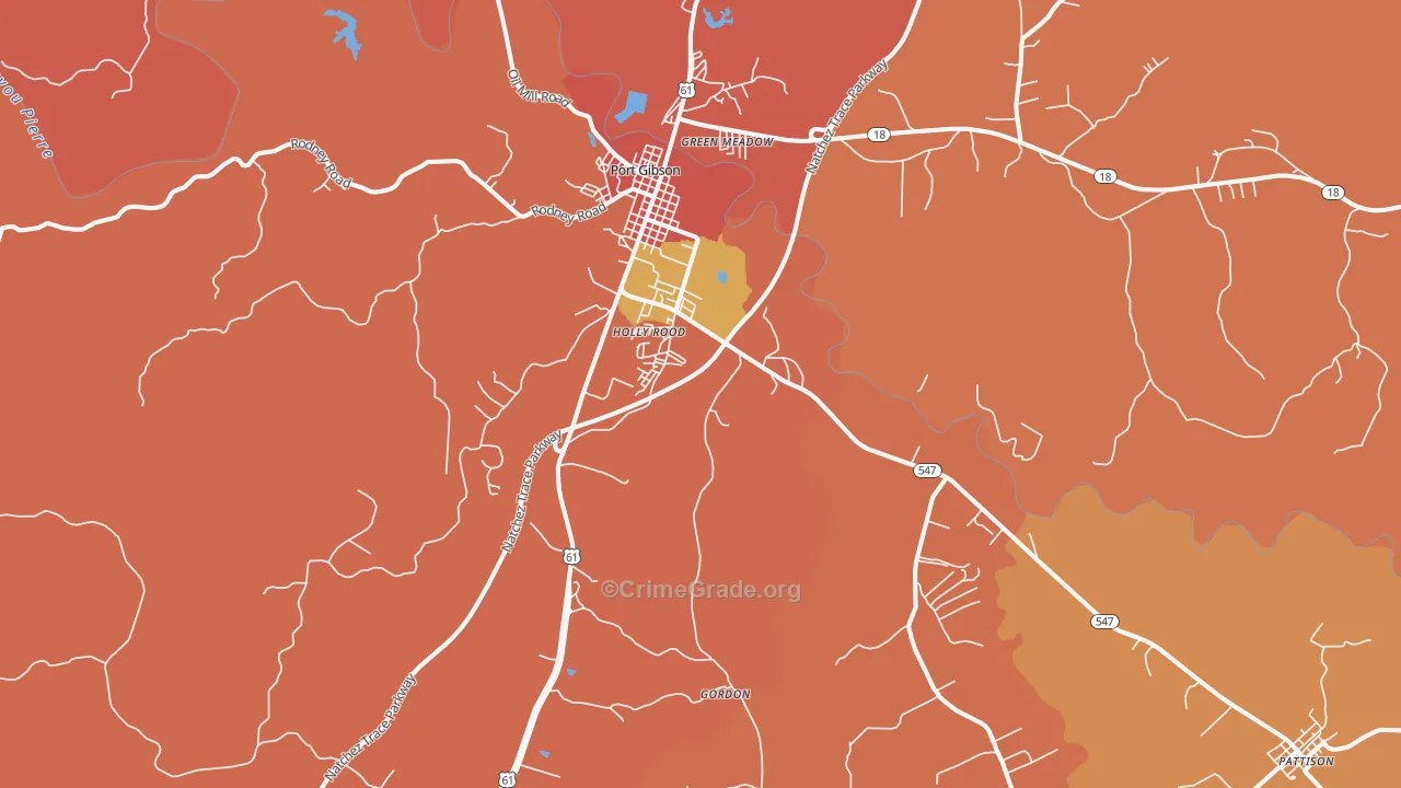 Port Gibson, MS Map of Robbery Rates