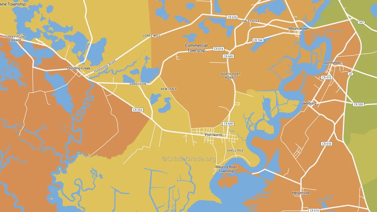Port Norris, NJ Map of Robbery Rates