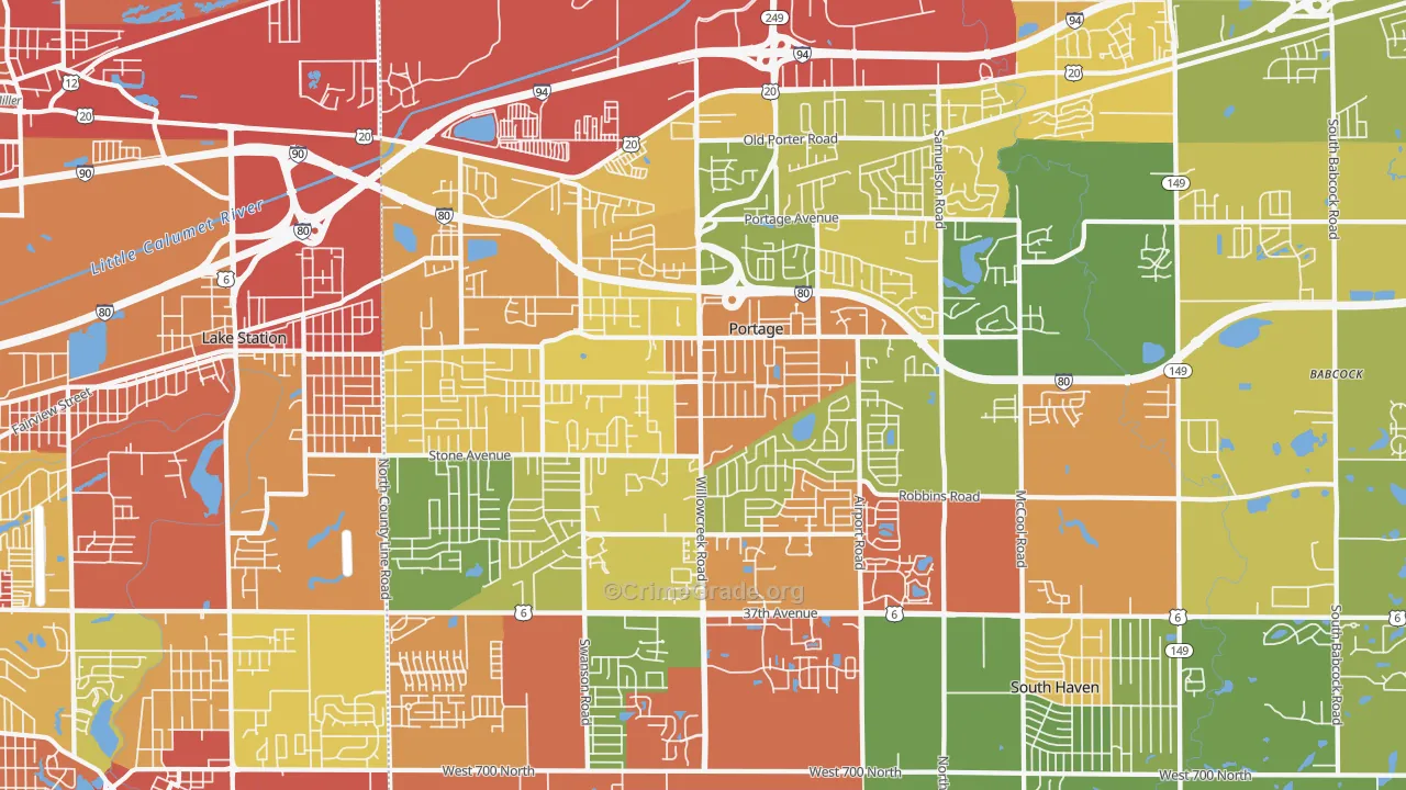 Portage, IN Map of Robbery Rates