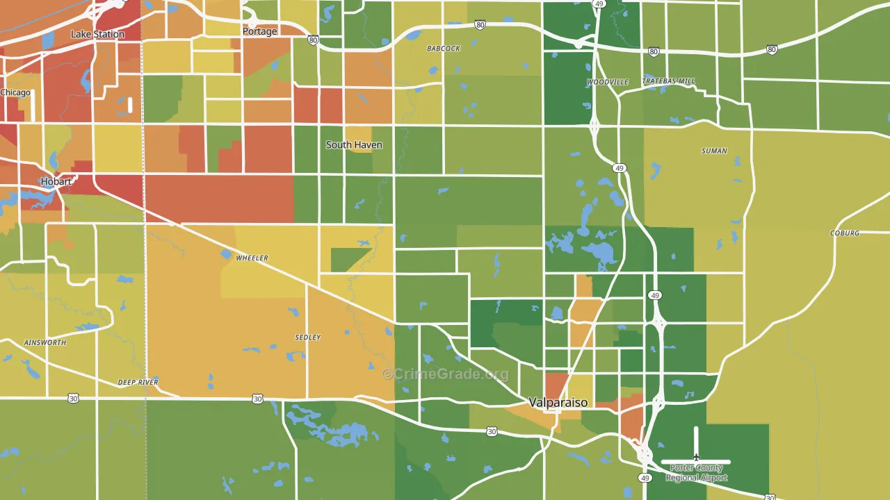 Porter County, IN Map of Robbery Rates