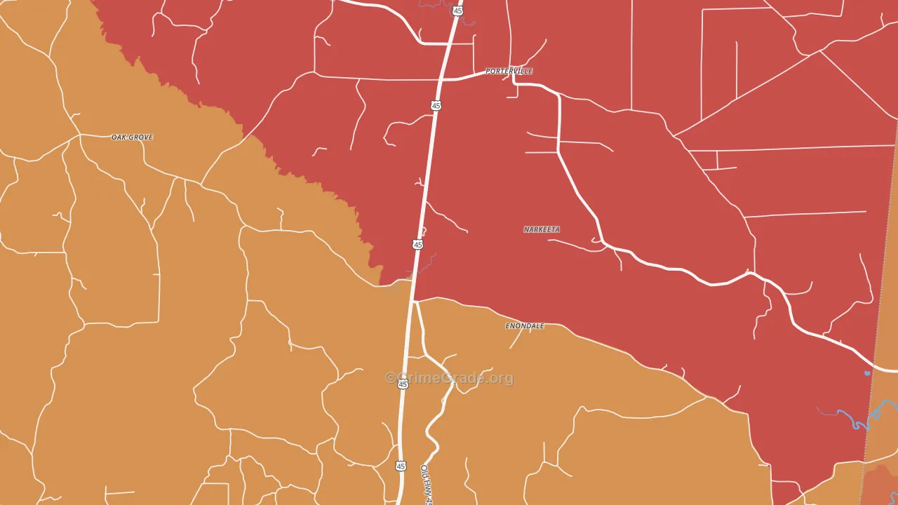 Porterville, MS Map of Robbery Rates