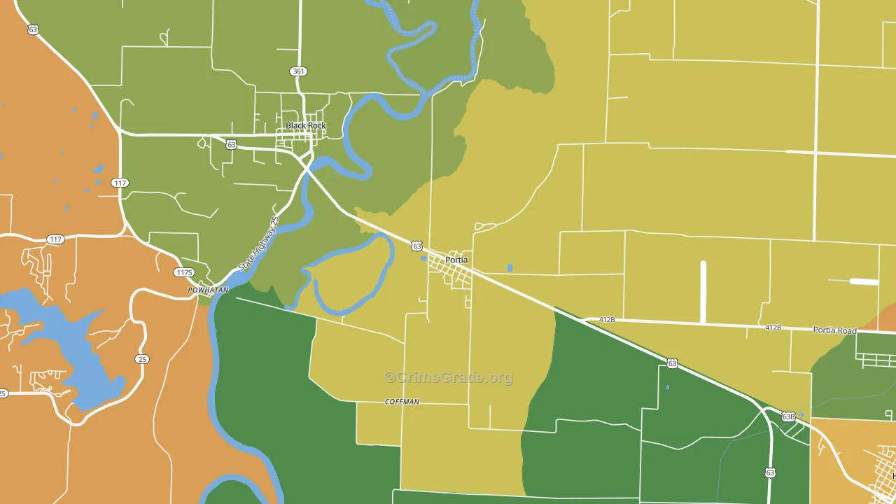 Portia, AR Map of Robbery Rates