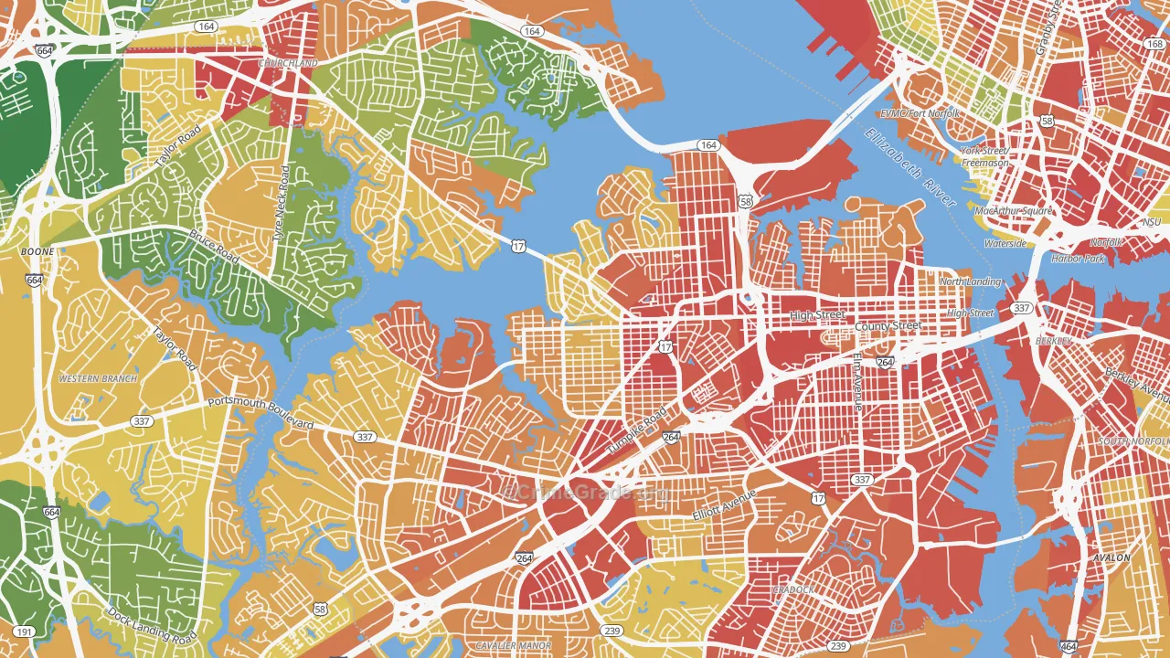 Portsmouth City, VA Map of Robbery Rates