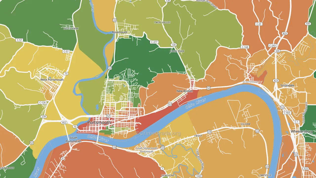 Portsmouth, OH Map of Robbery Rates