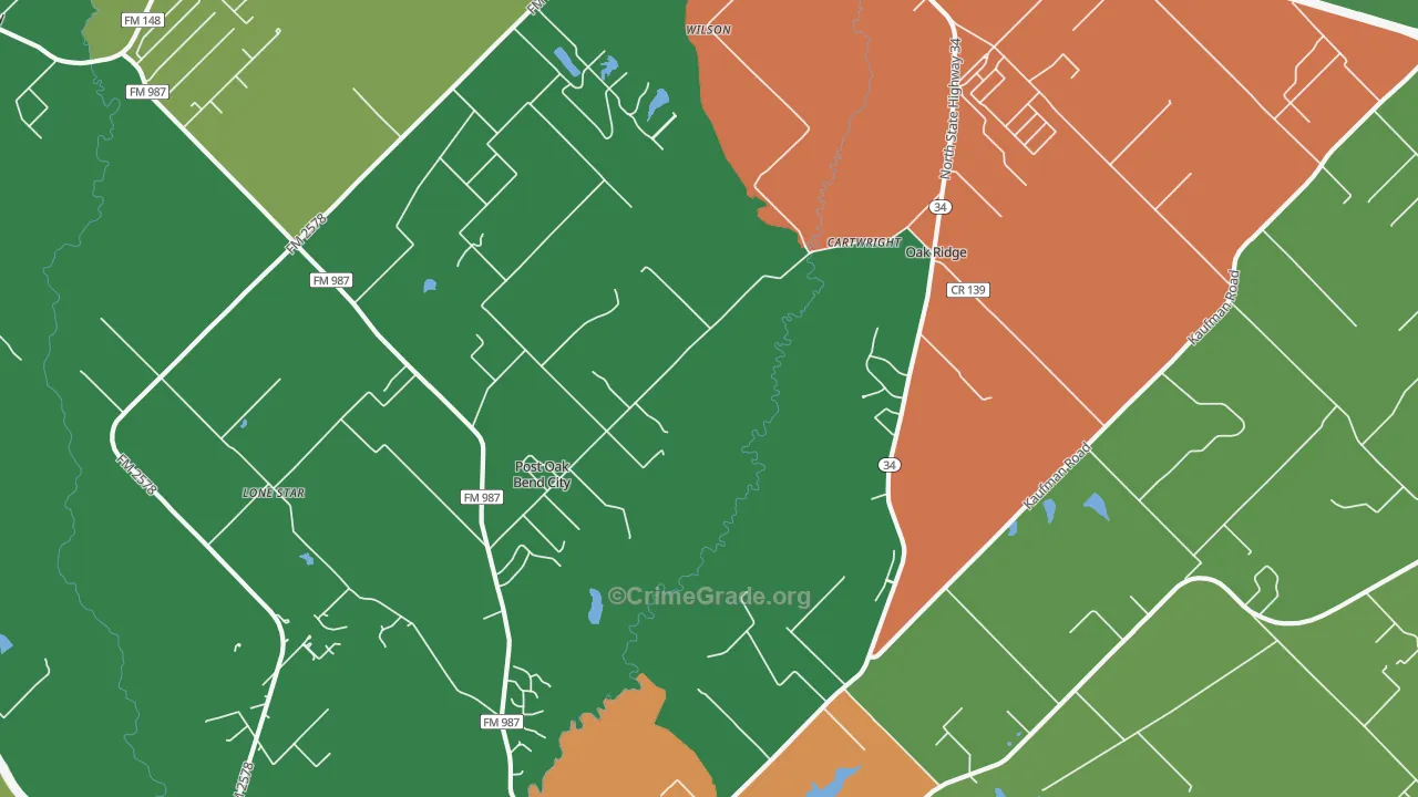 Post Oak Bend City, TX Map of Robbery Rates