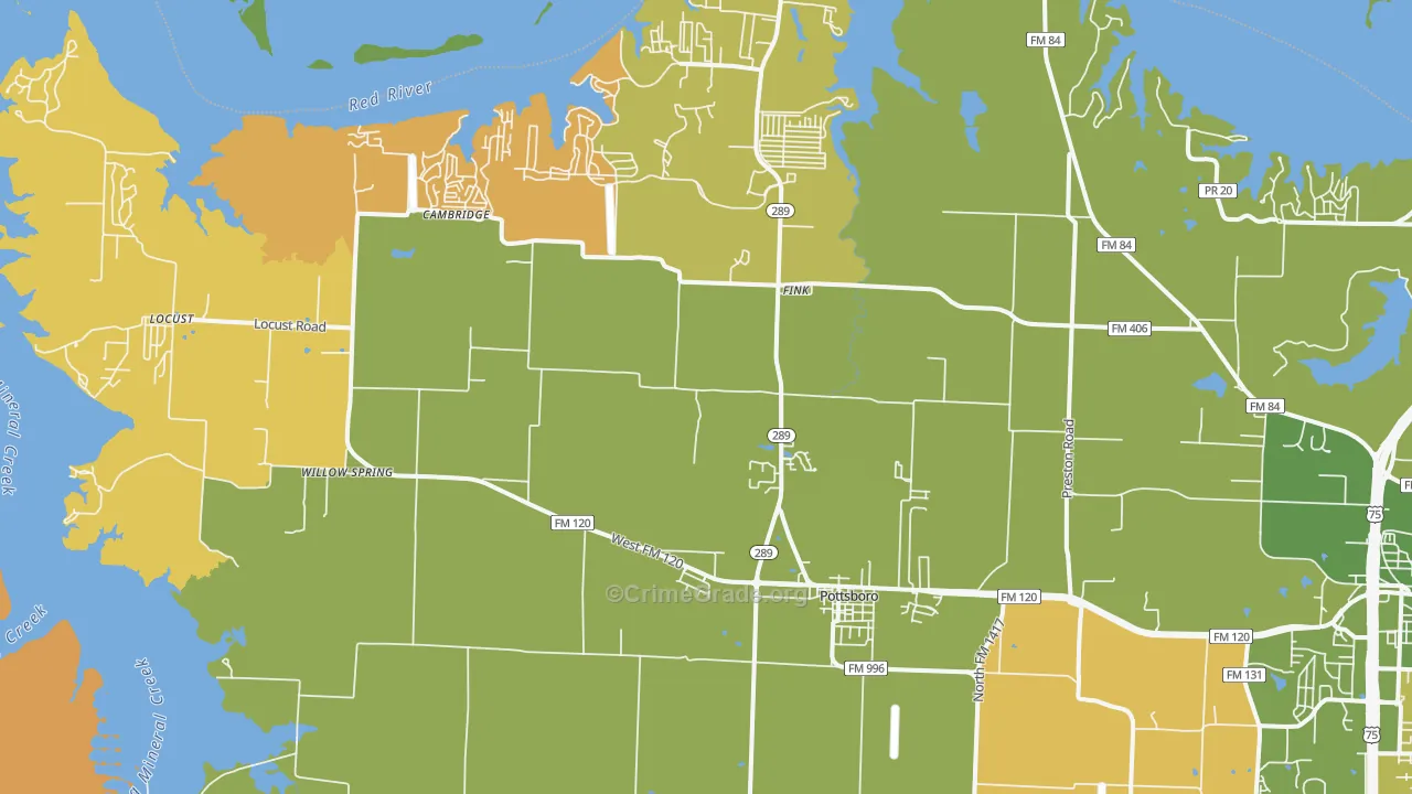 Pottsboro, TX Map of Robbery Rates