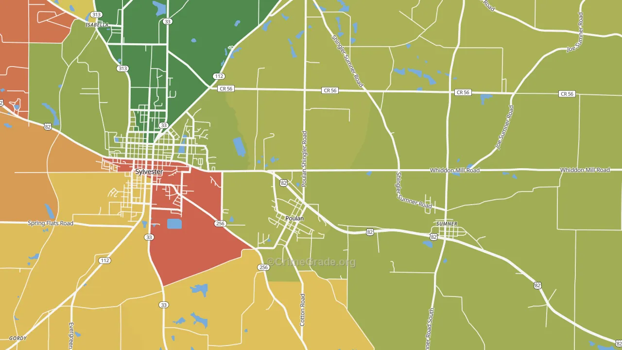 Poulan, GA Map of Robbery Rates