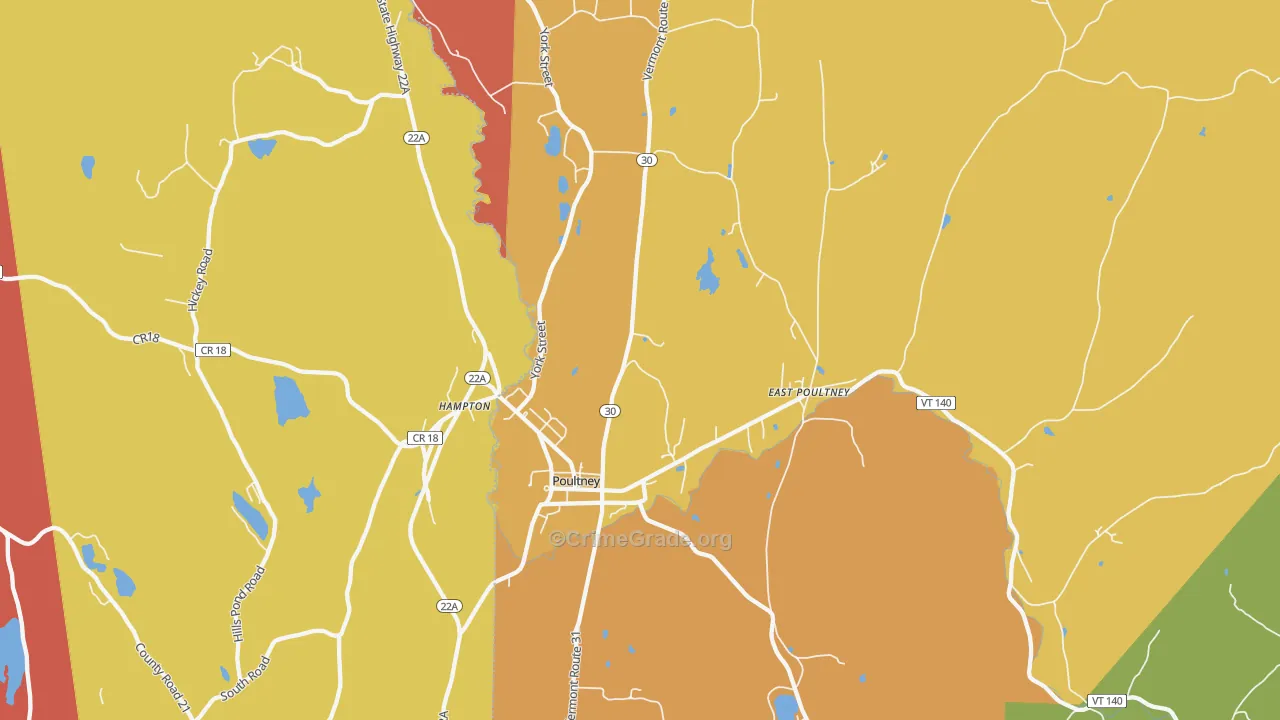 Poultney, VT Map of Robbery Rates