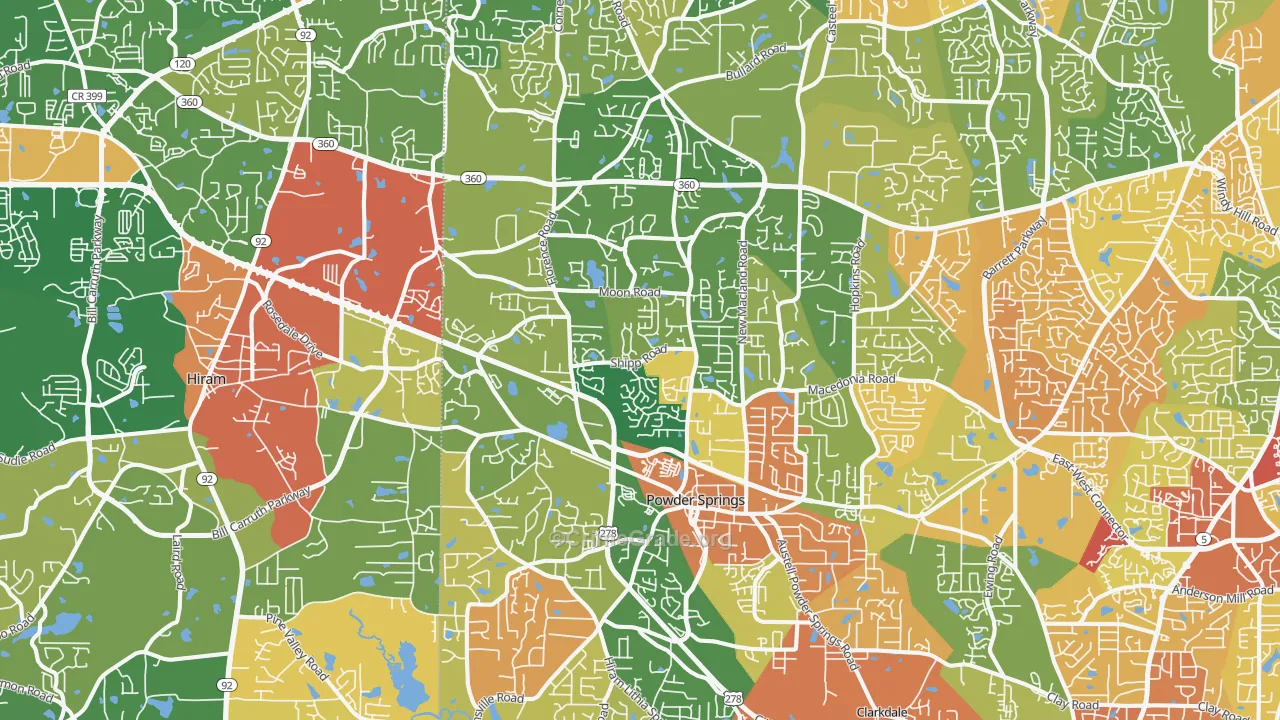 Powder Springs, GA Map of Robbery Rates