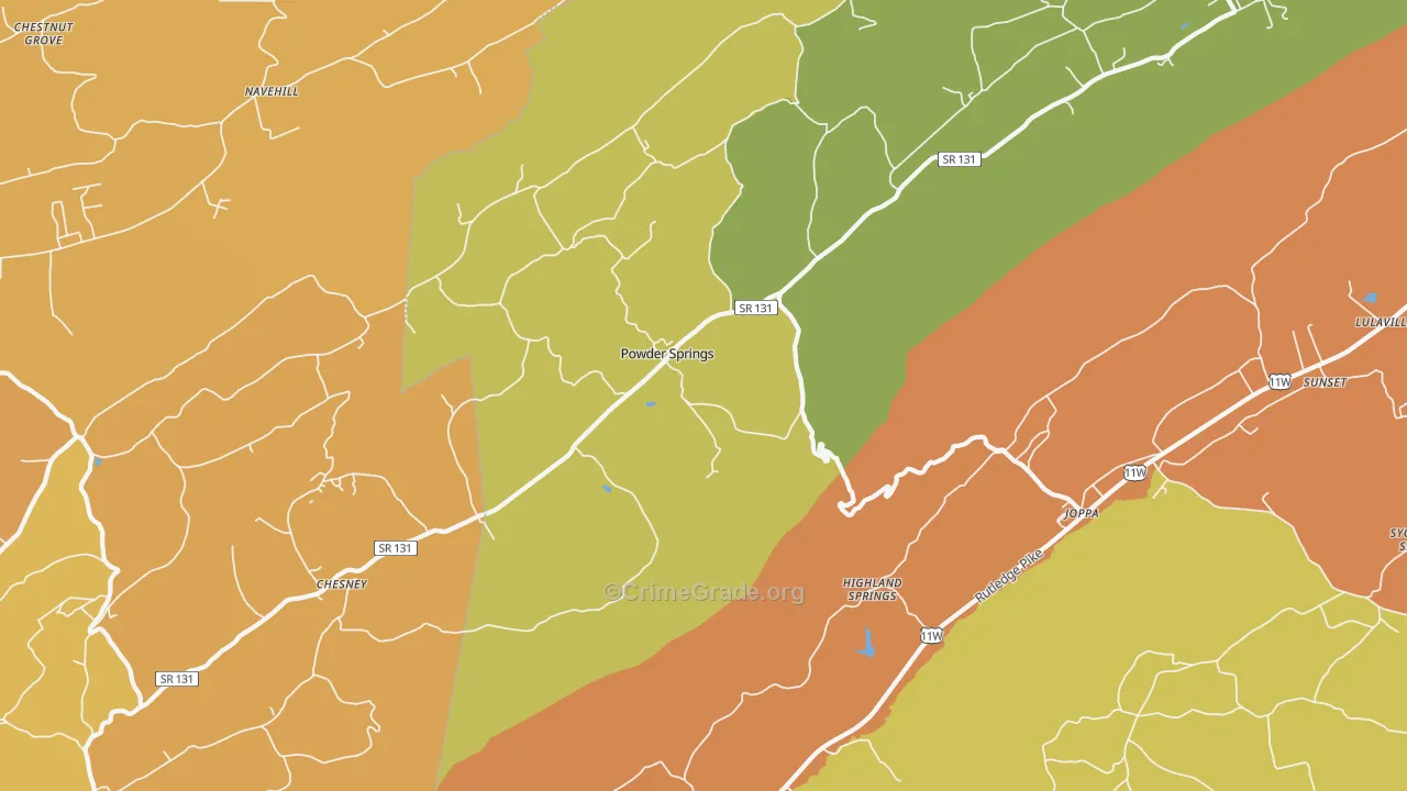 Powder Springs, TN Map of Robbery Rates