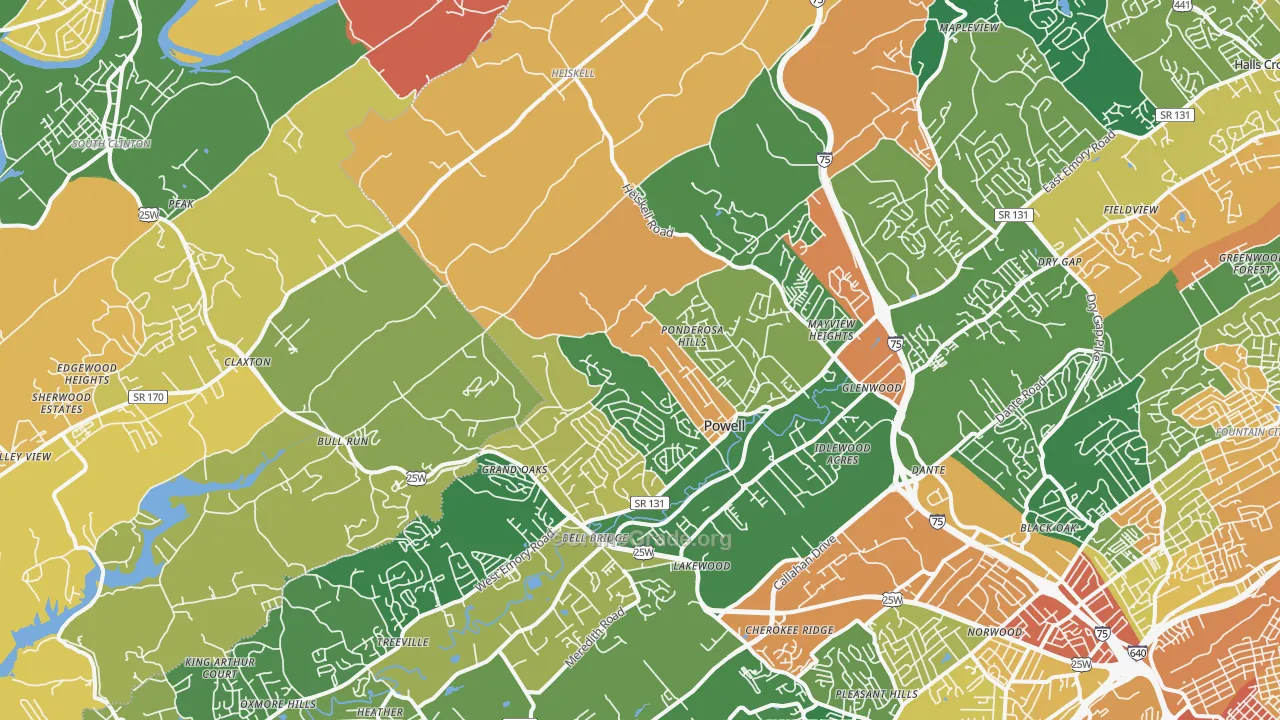 Powell, TN Map of Robbery Rates