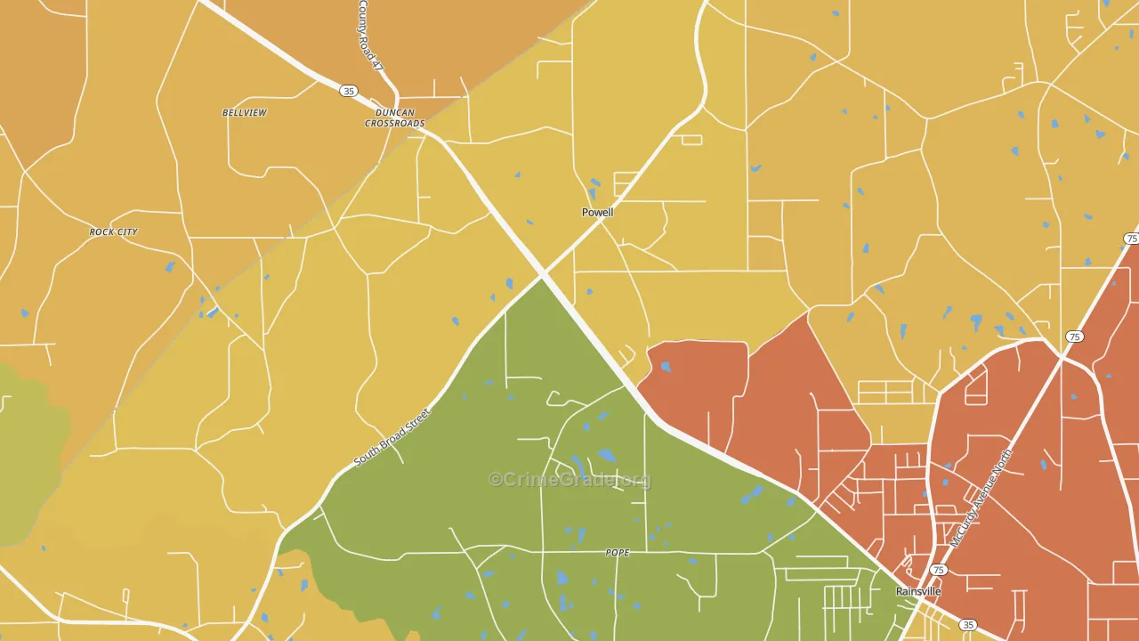 Powells Crossroads, AL Map of Robbery Rates