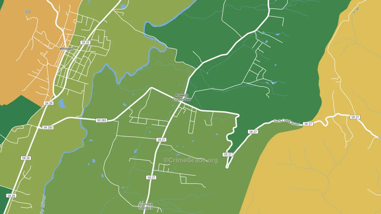 Powells Crossroads, TN Map of Robbery Rates
