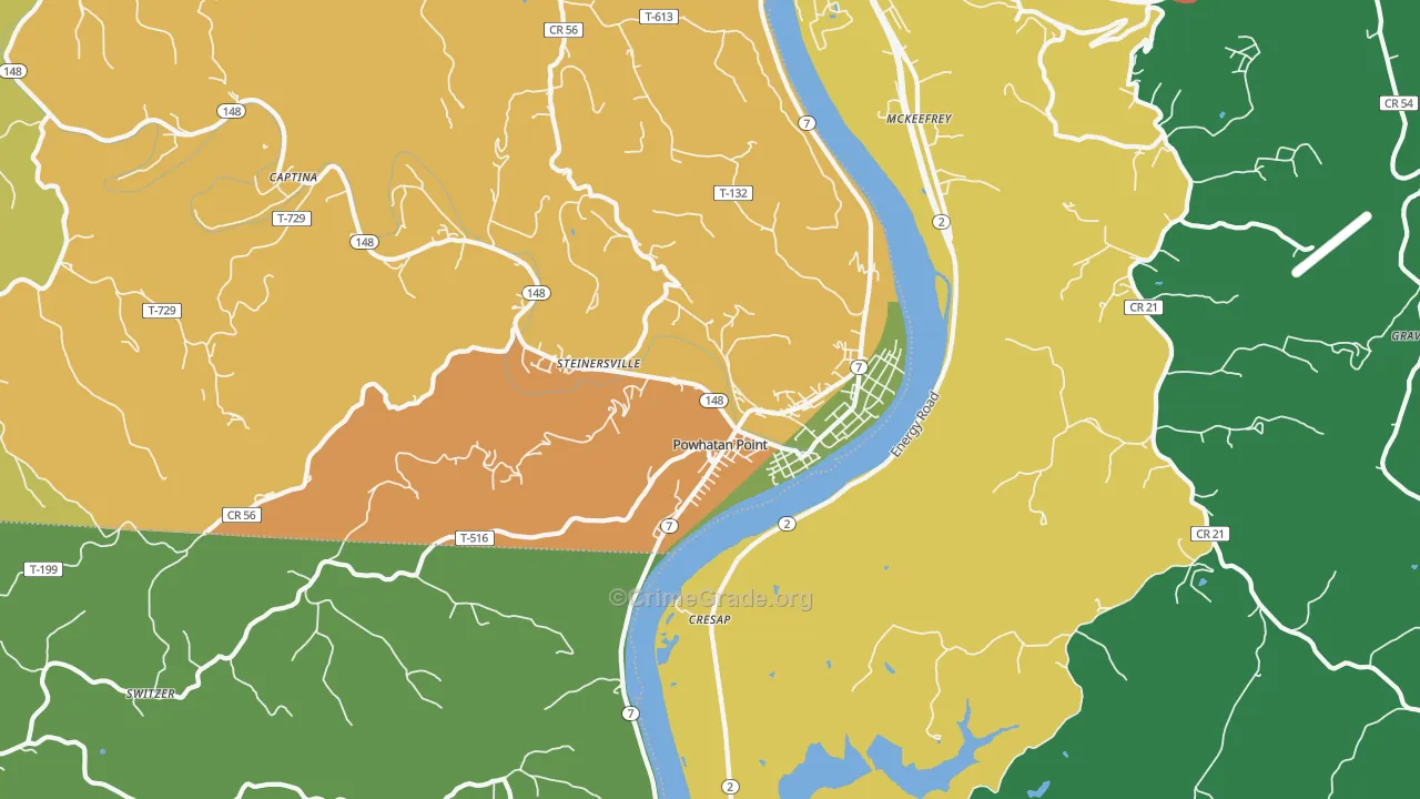 Powhatan Point, OH Map of Robbery Rates