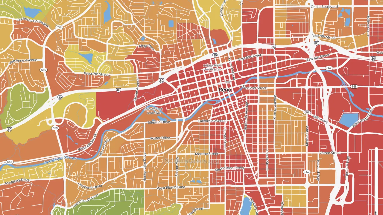 Powning Addition, Reno, NV Map of Robbery Rates