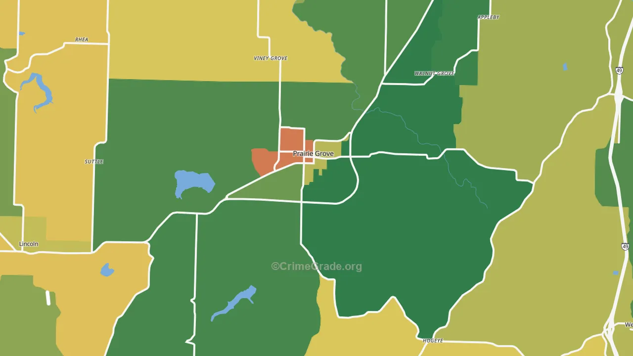 Prairie Grove, AR Map of Robbery Rates