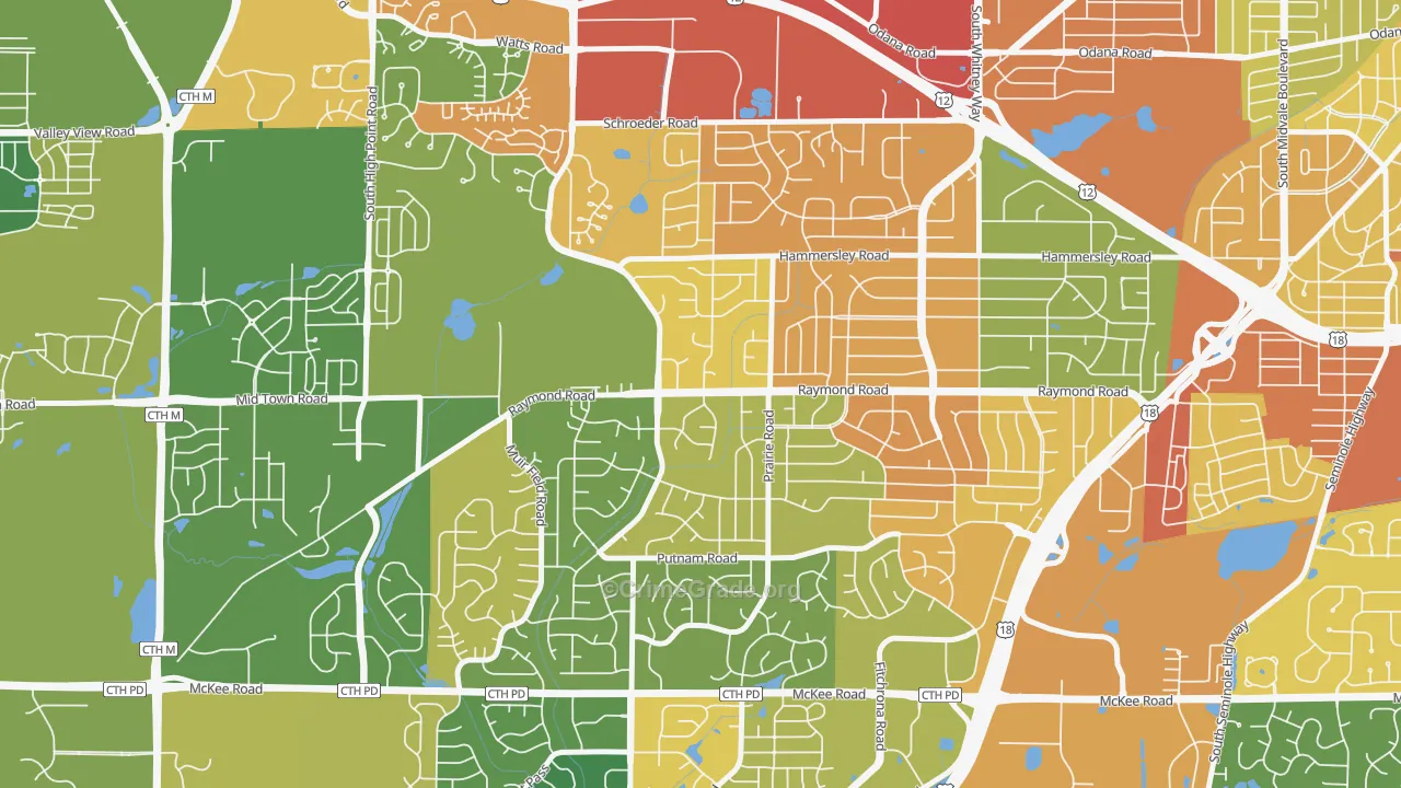 Prairie Hills, Madison, WI Map of Robbery Rates