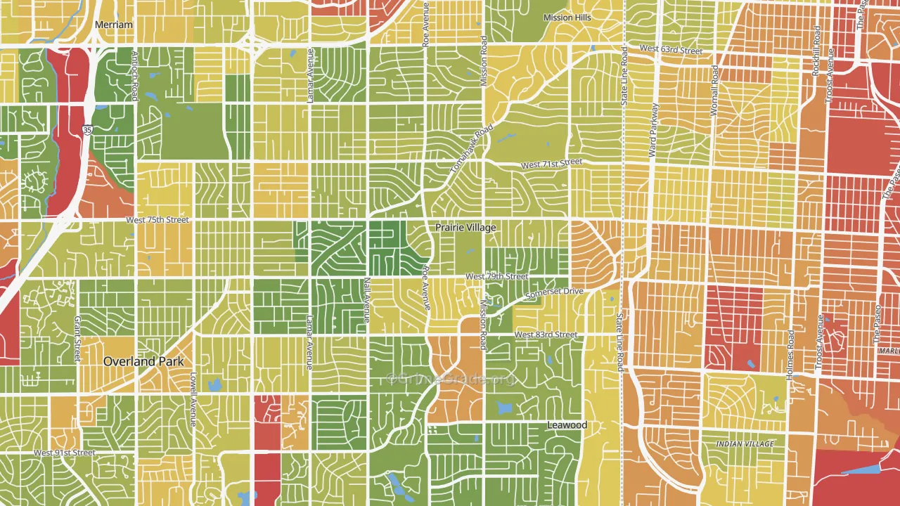 Prairie Village, KS Map of Robbery Rates