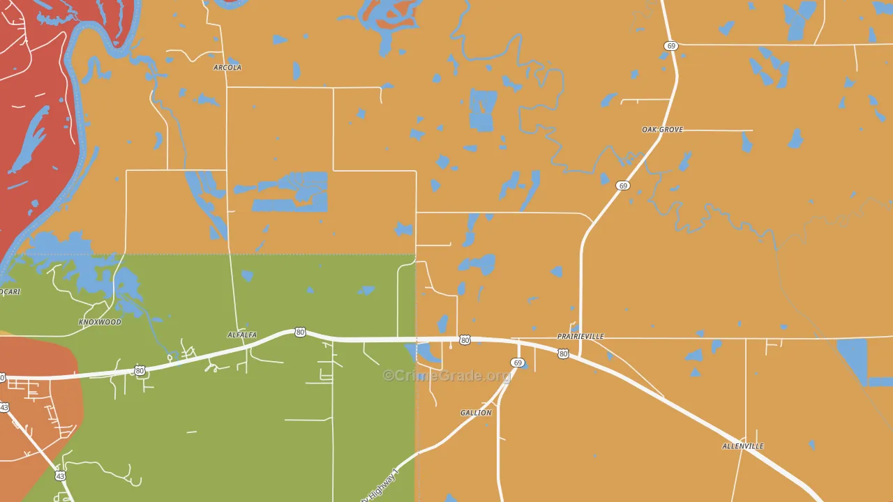 Prairieville, AL Map of Robbery Rates