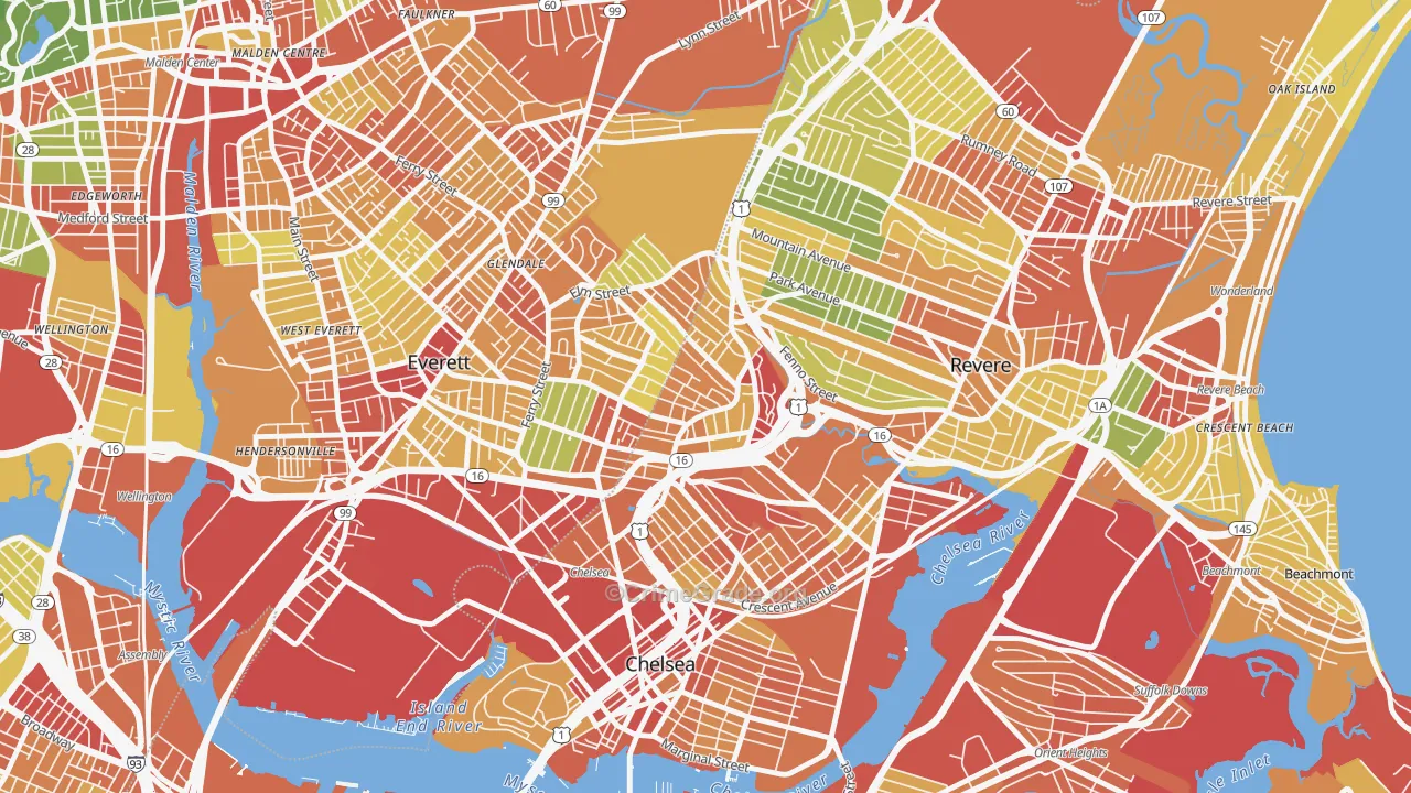 Prattville, Chelsea, MA Map of Robbery Rates