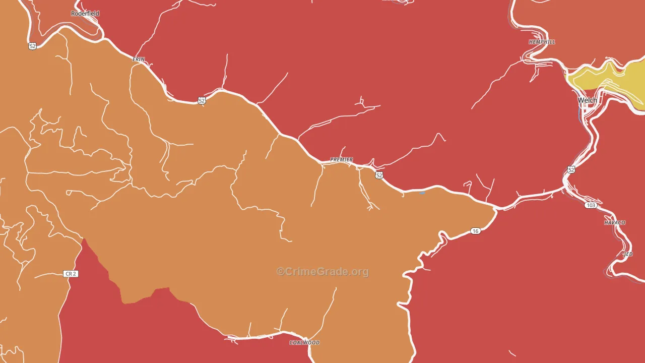 Premier, WV Map of Robbery Rates