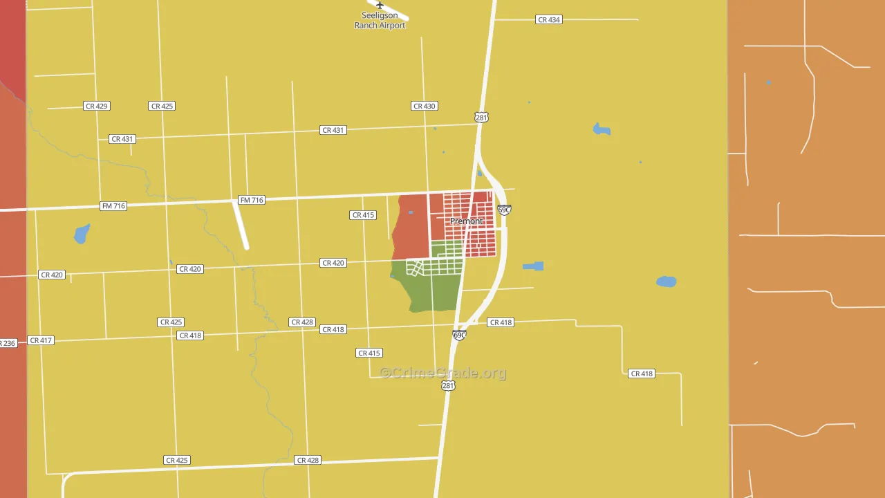 Premont, TX Map of Robbery Rates