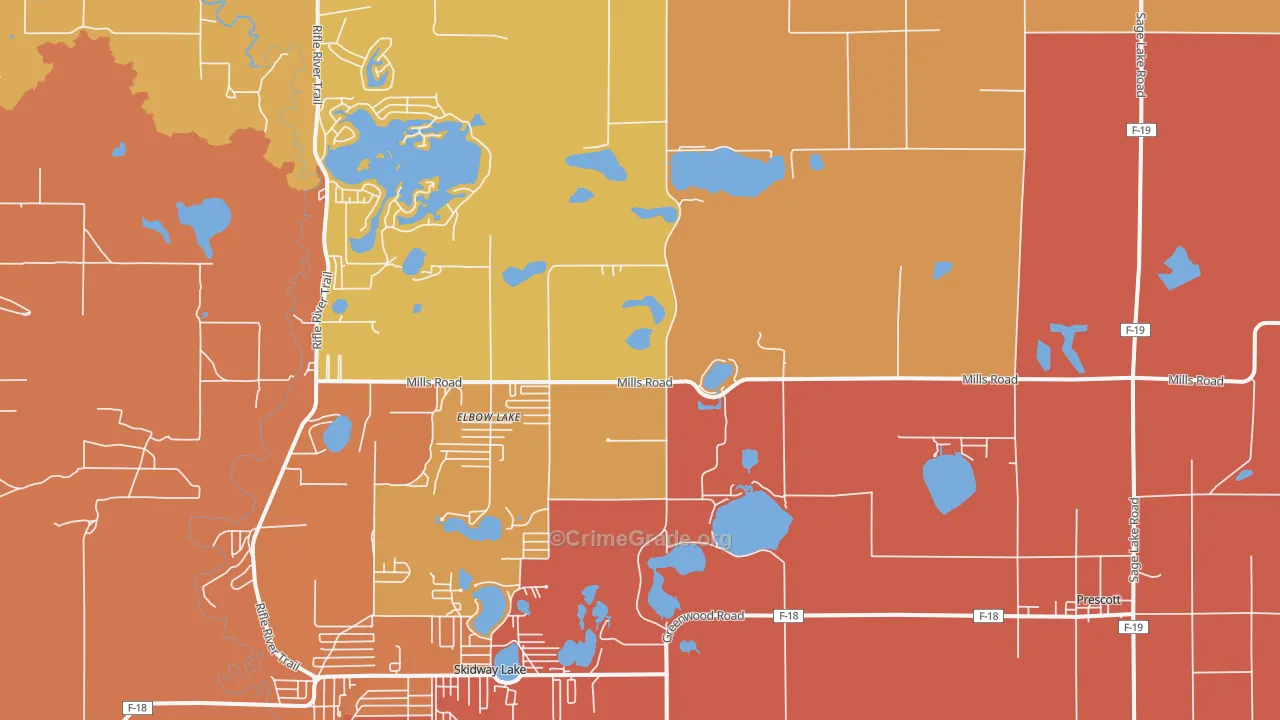 Prescott, MI Map of Robbery Rates
