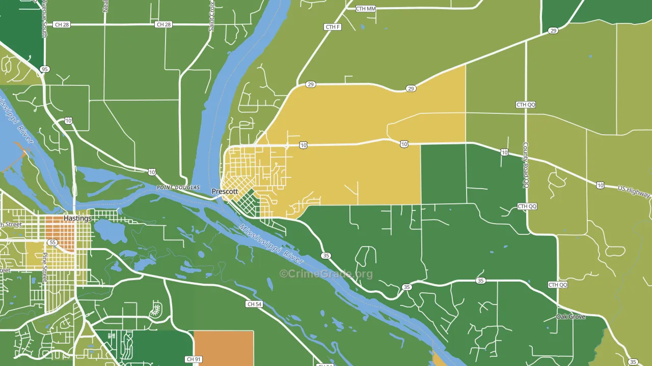 Prescott, WI Map of Robbery Rates