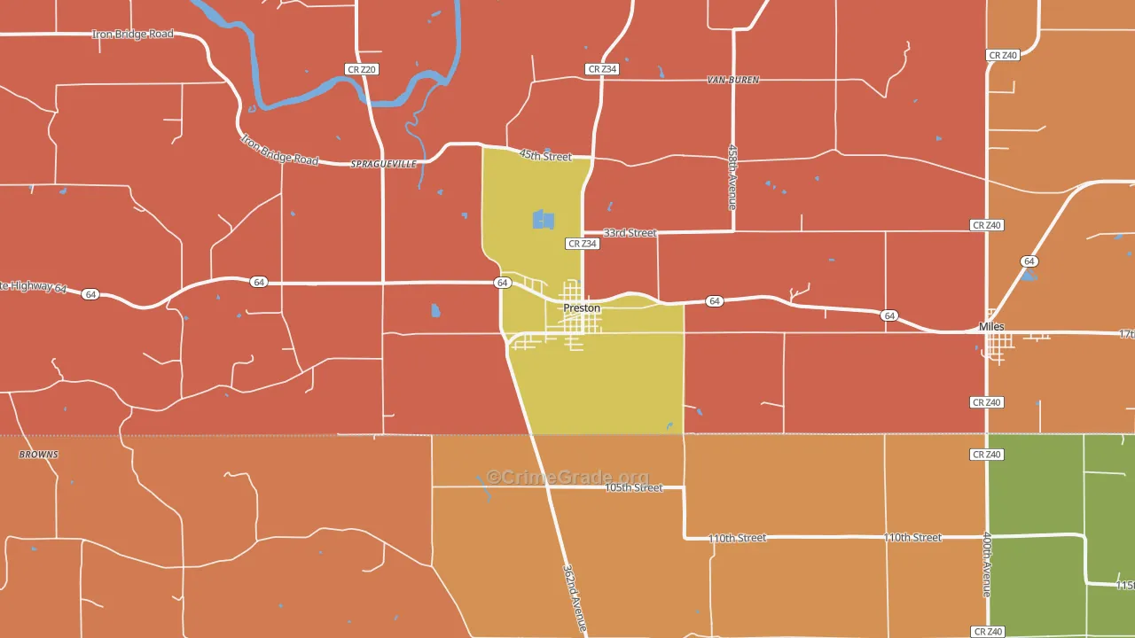 Preston, IA Map of Robbery Rates