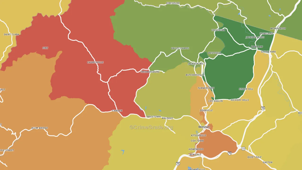 Pricetown, WV Map of Robbery Rates