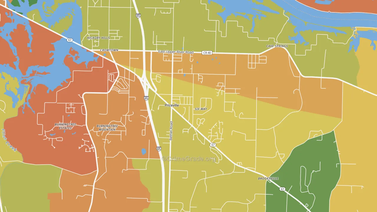 Priceville, AL Map of Robbery Rates