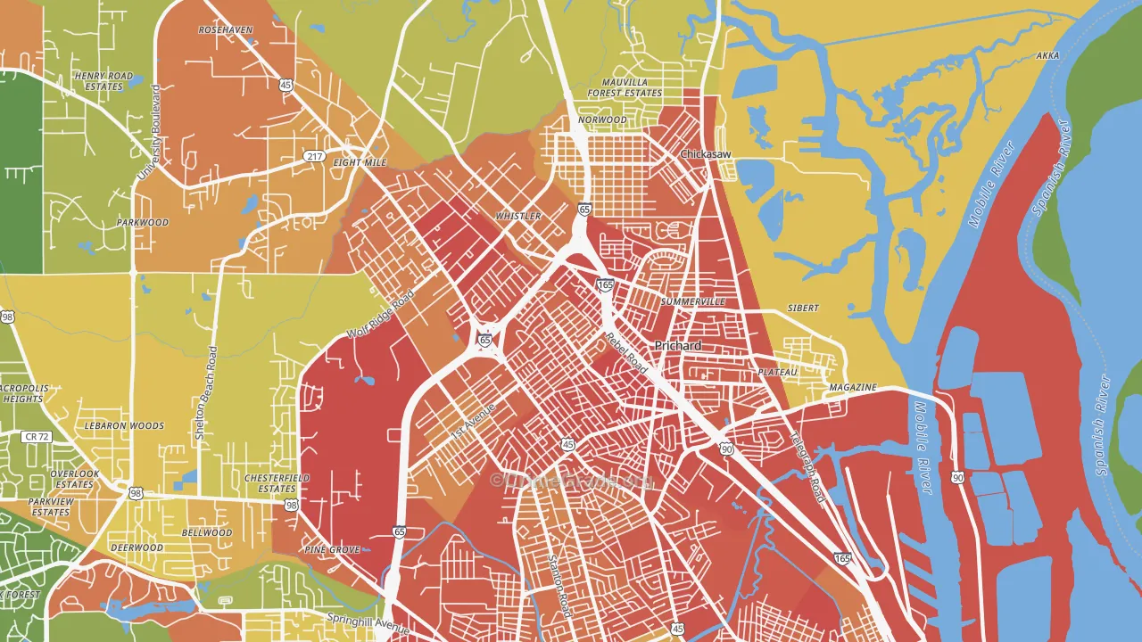 Prichard, AL Map of Robbery Rates