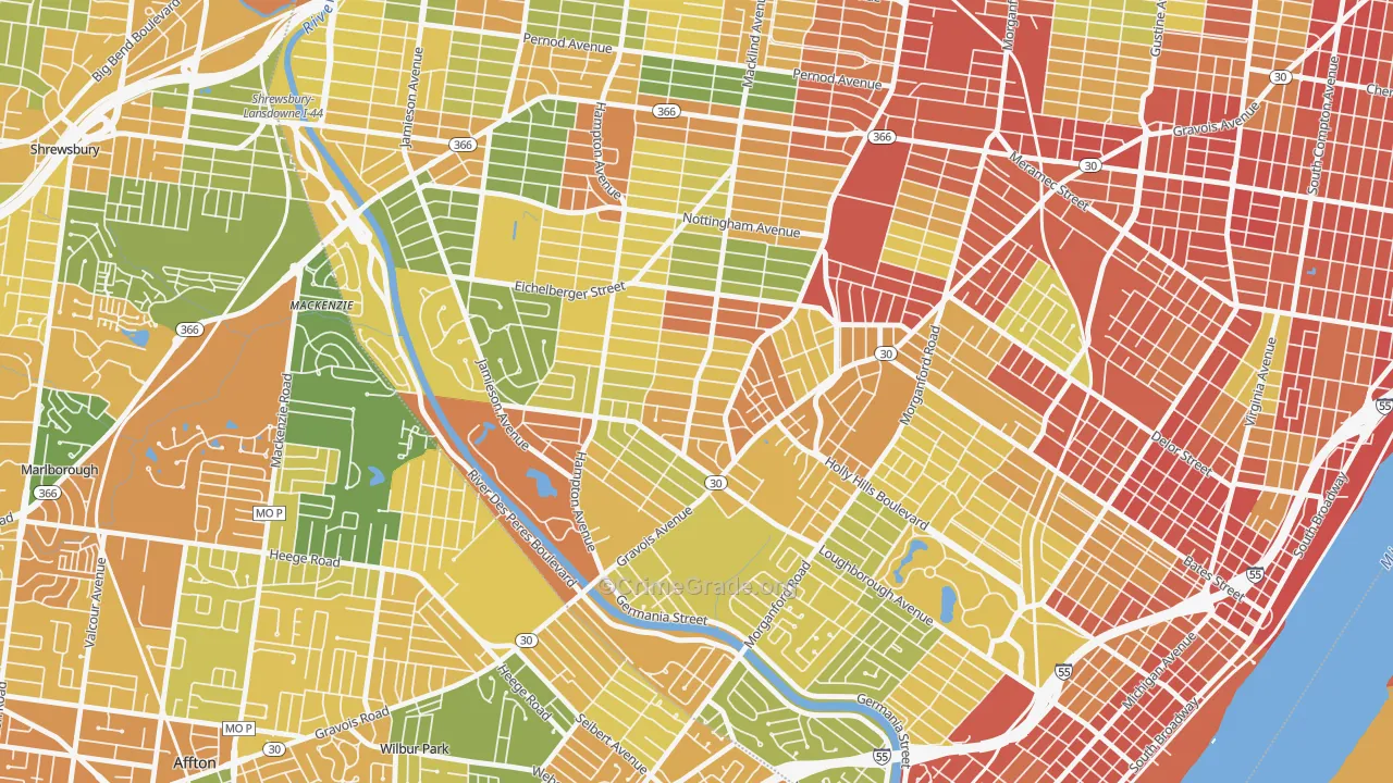 Princeton Heights, St. Louis, MO Map of Robbery Rates
