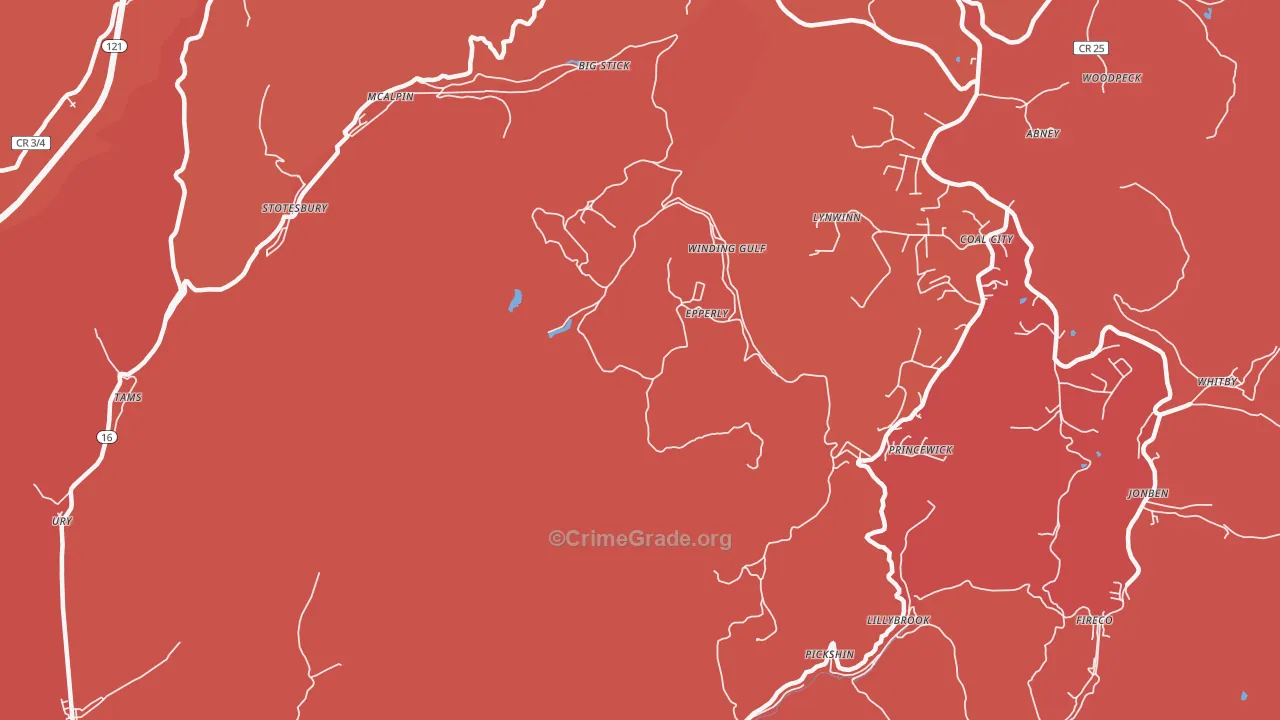 Princewick, WV Map of Robbery Rates