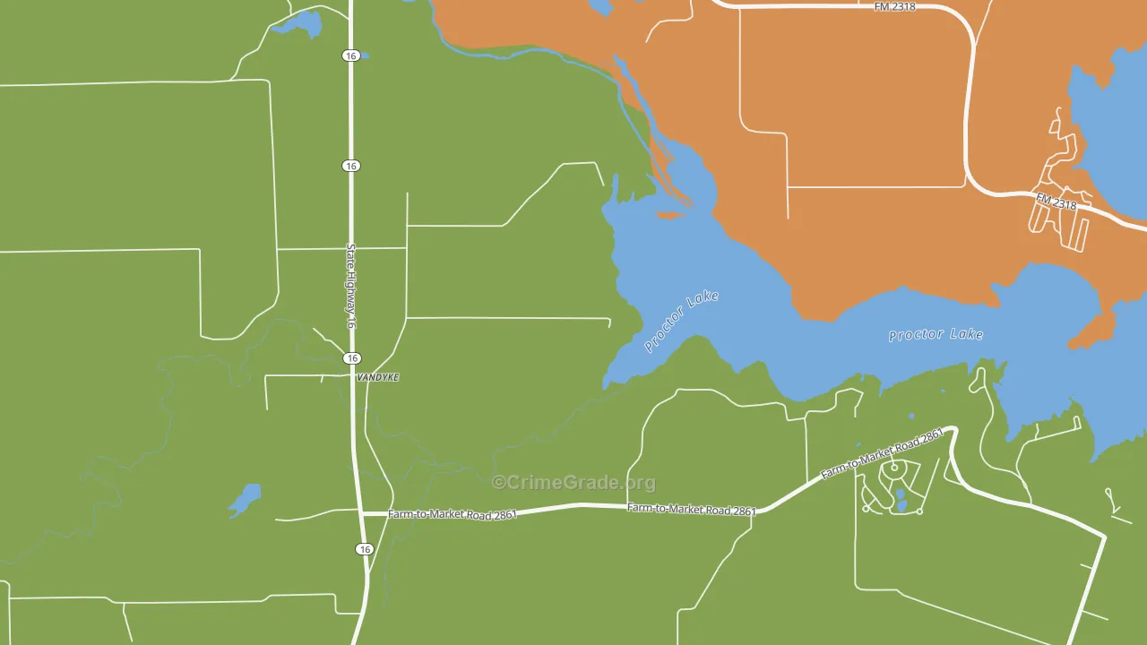 Proctor, TX Map of Robbery Rates