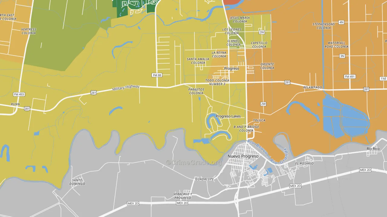 Progreso Lakes, TX Map of Robbery Rates