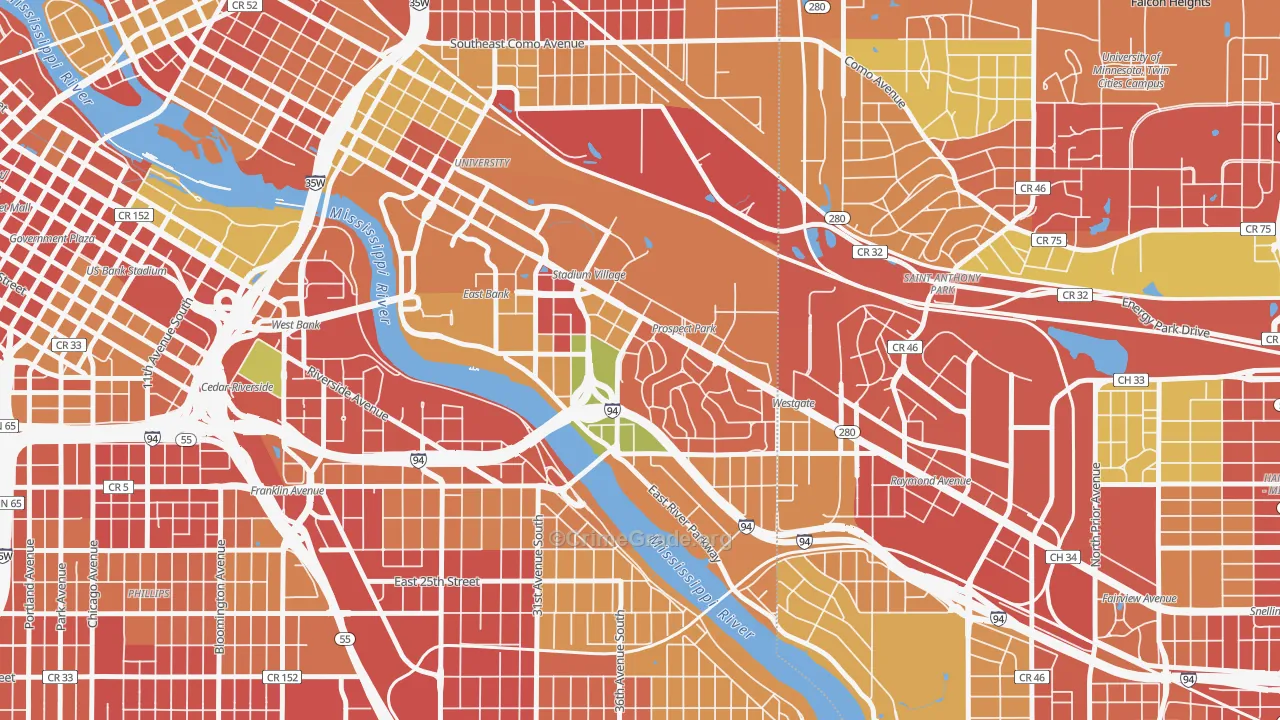 Prospect Park, Minneapolis, MN Map of Robbery Rates