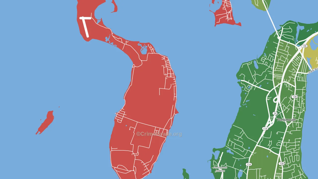 Prudence Island, RI Map of Robbery Rates