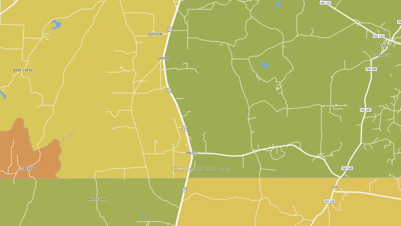 Pruett, TX Map of Robbery Rates