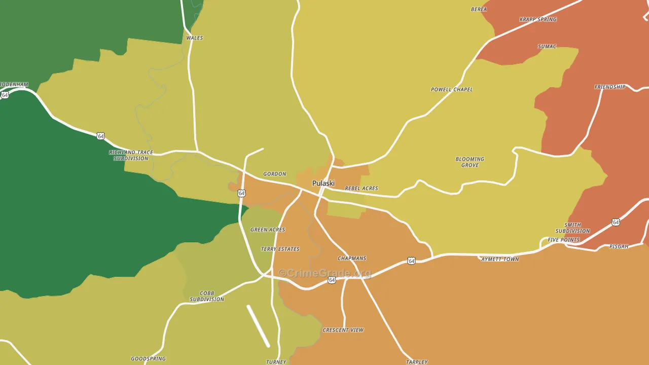 Pulaski, TN Map of Robbery Rates