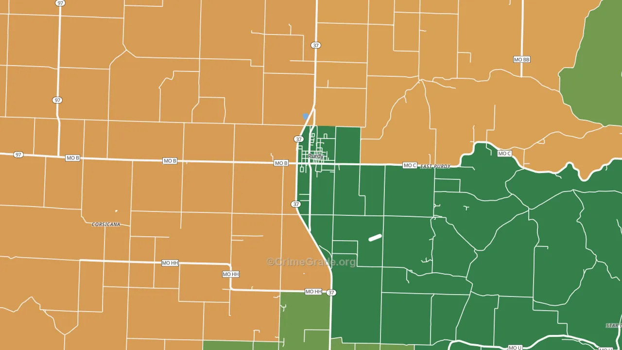 Purdy, MO Map of Robbery Rates