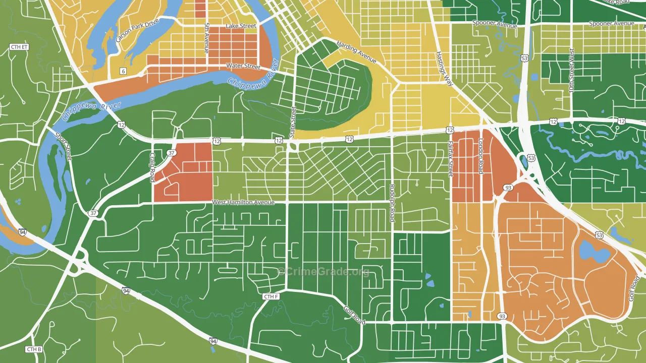 Putnam Heights, Eau Claire, WI Map of Robbery Rates
