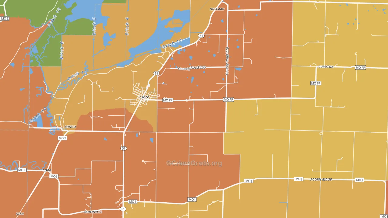 Puxico, MO Map of Robbery Rates