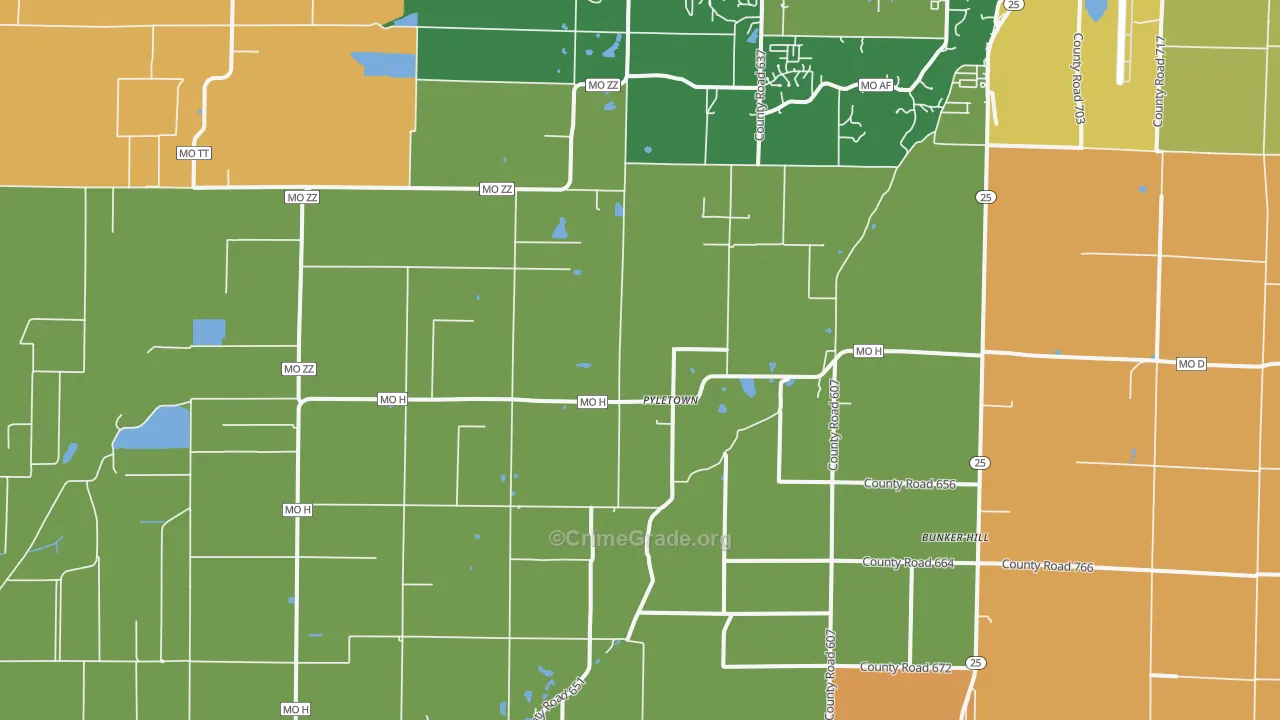 Pyletown, MO Map of Robbery Rates