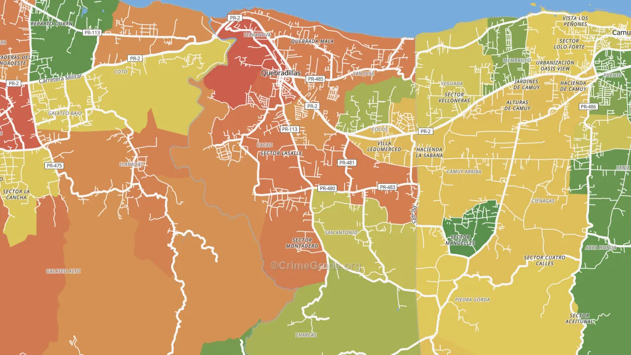 Quebradillas, PR Map of Robbery Rates