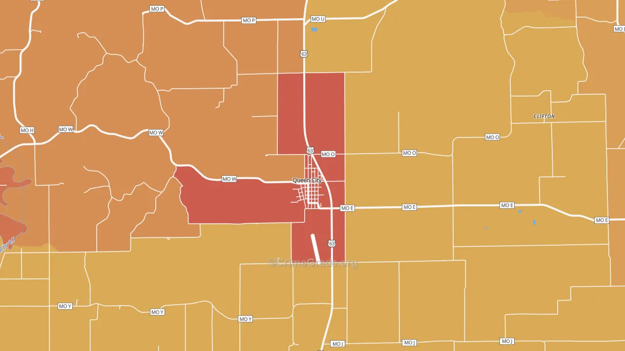 Queen City, MO Map of Robbery Rates