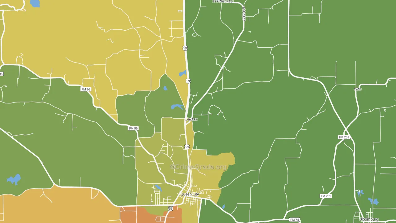 Queen City, TX Map of Robbery Rates