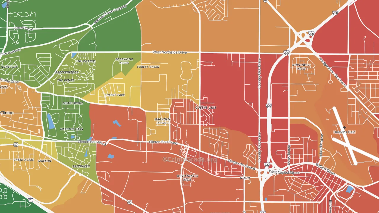 Queens-Magnolia Terrace, Jackson, MS Map of Robbery Rates