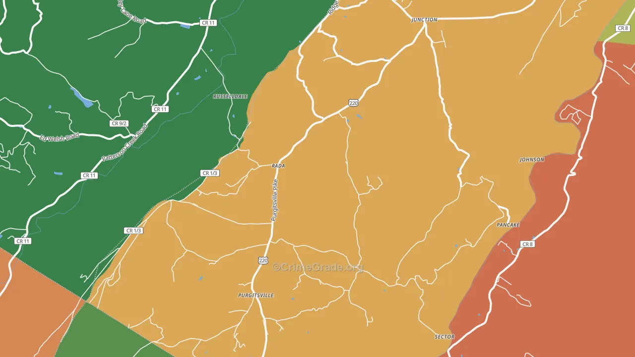 Rada, WV Map of Robbery Rates