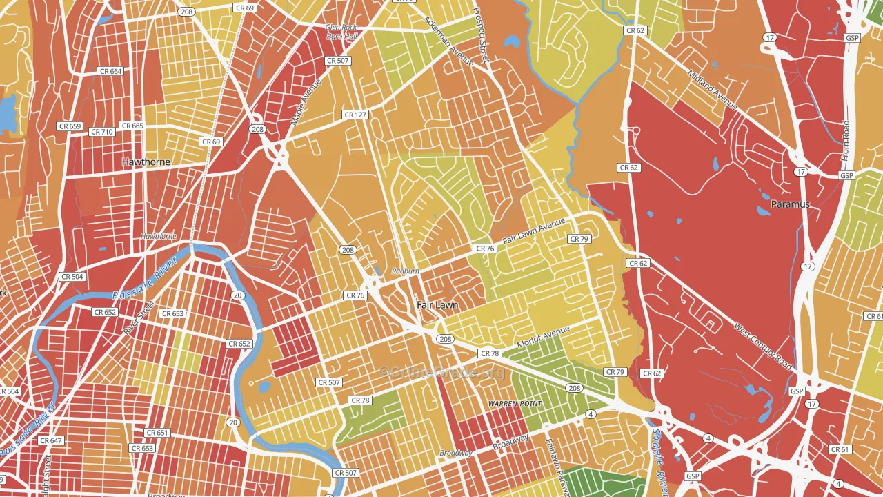 Radburn, Fair Lawn, NJ Map of Robbery Rates
